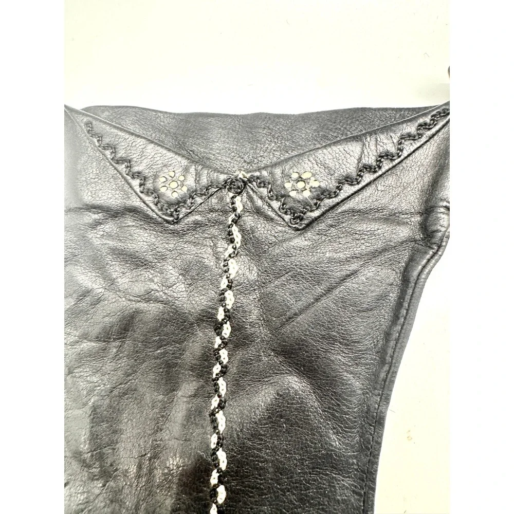 Vintage Black Leather Gloves Embellishd Floral Detail Mid Century Size 7 Fair‎